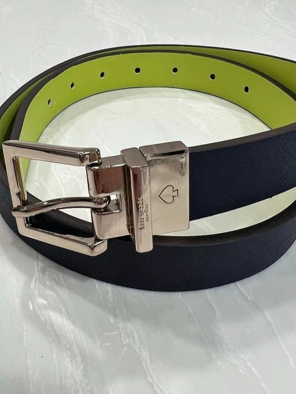 Kate Spade Leather Belt in Blue & Green Classic Chic Silver Tone Buckle Size S